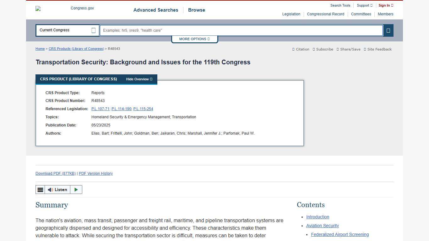Transportation Security: Background and Issues for the 119th Congress Congress.gov Library of Congress